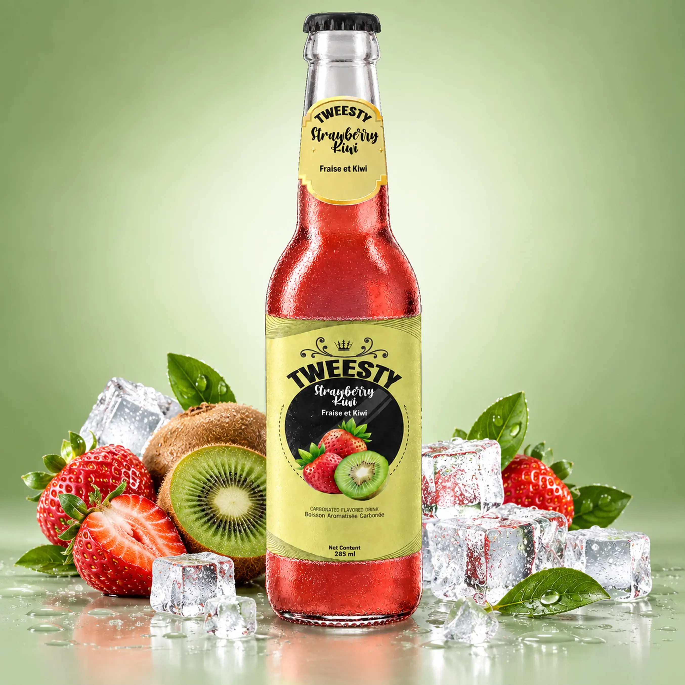 TWEESTY Strawberry Kiwi carbonated flavoured drink 285ml glass bottle with strawberries, kiwi and ice